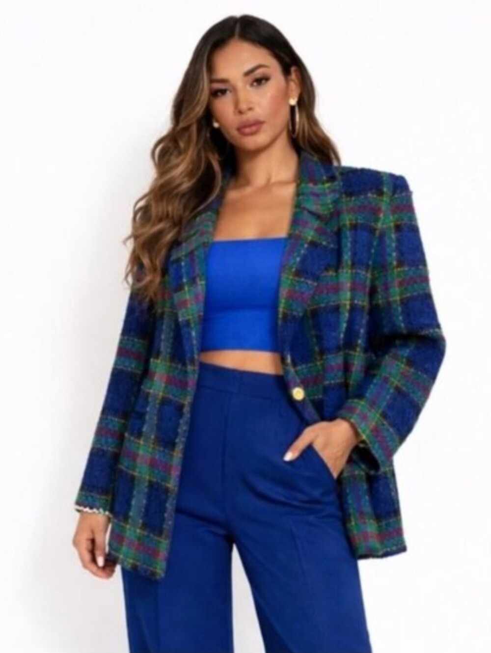 Bleyle Vintage Oversized Plaid Tweed Preppy Single-Breasted Blazer